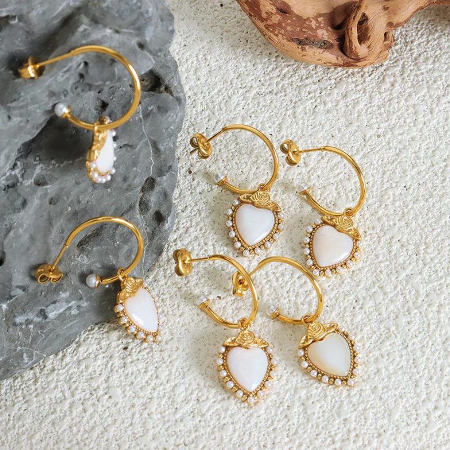 Rose and Pearls Adorned Heart Hoops