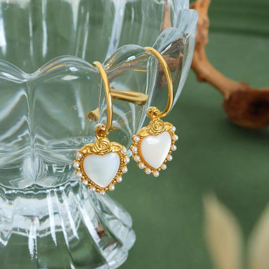 Rose and Pearls Adorned Heart Hoops