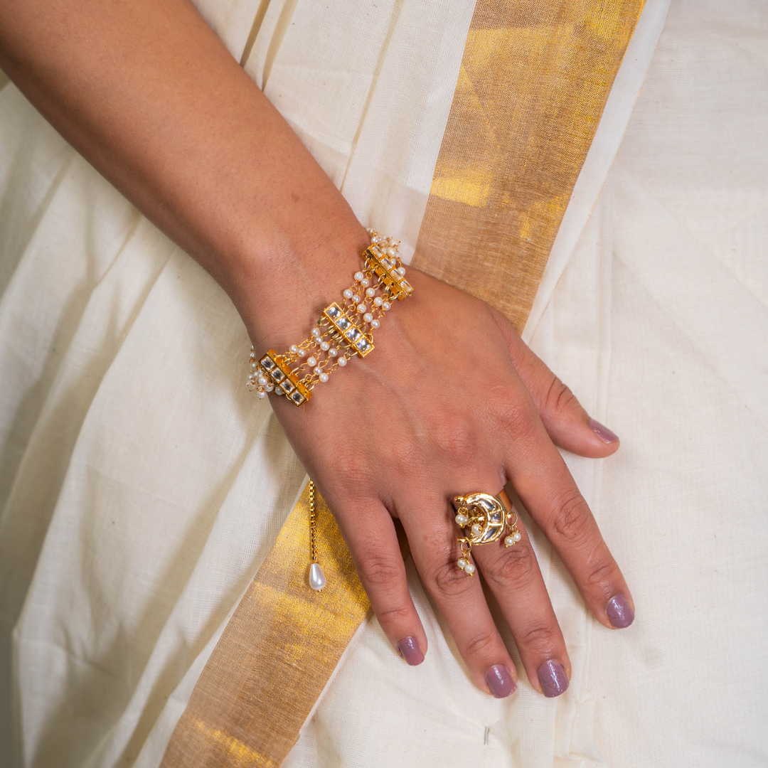 Farida Pachi Kundan White and Golden Adjustable String Bracelet
