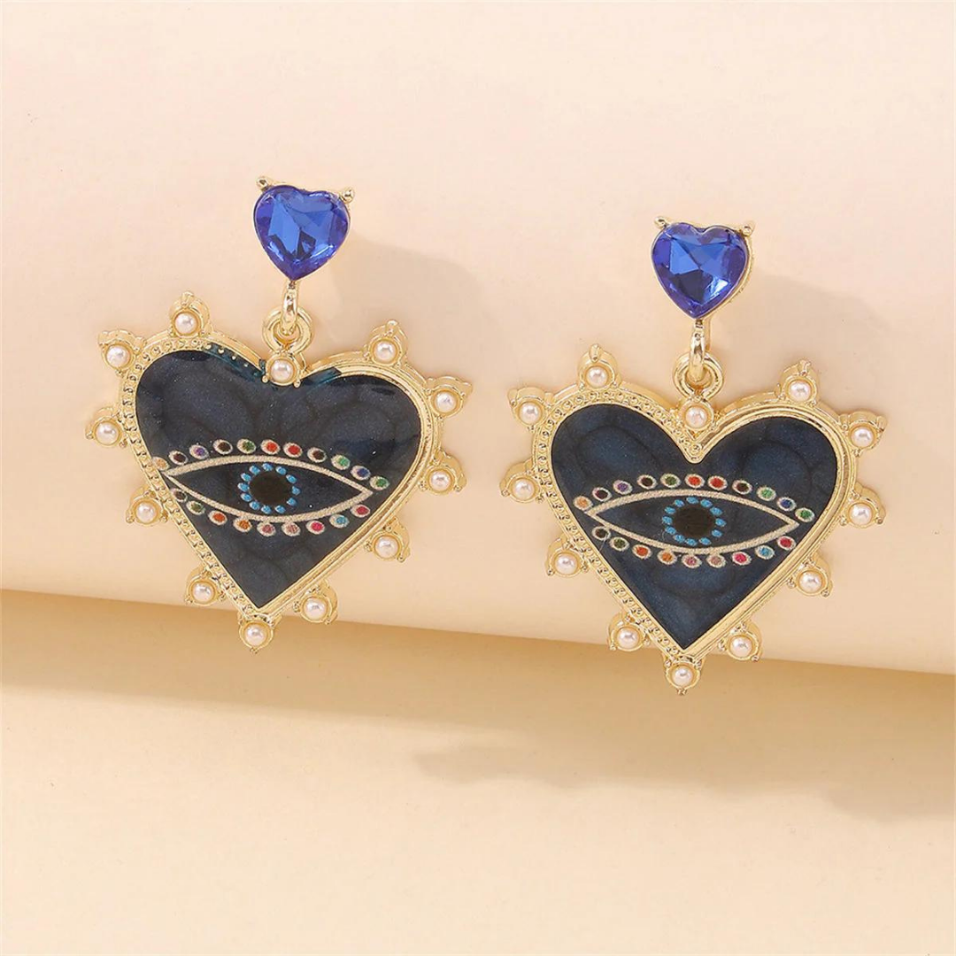 Blue Crystal & Enamel Evil Eye Heart Drop Earrings
