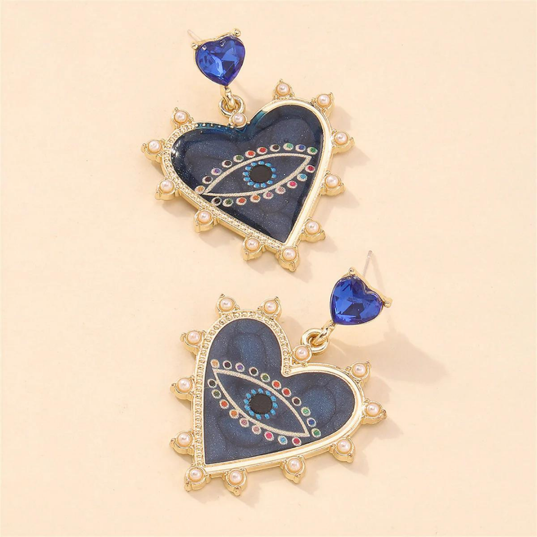 Blue Crystal & Enamel Evil Eye Heart Drop Earrings