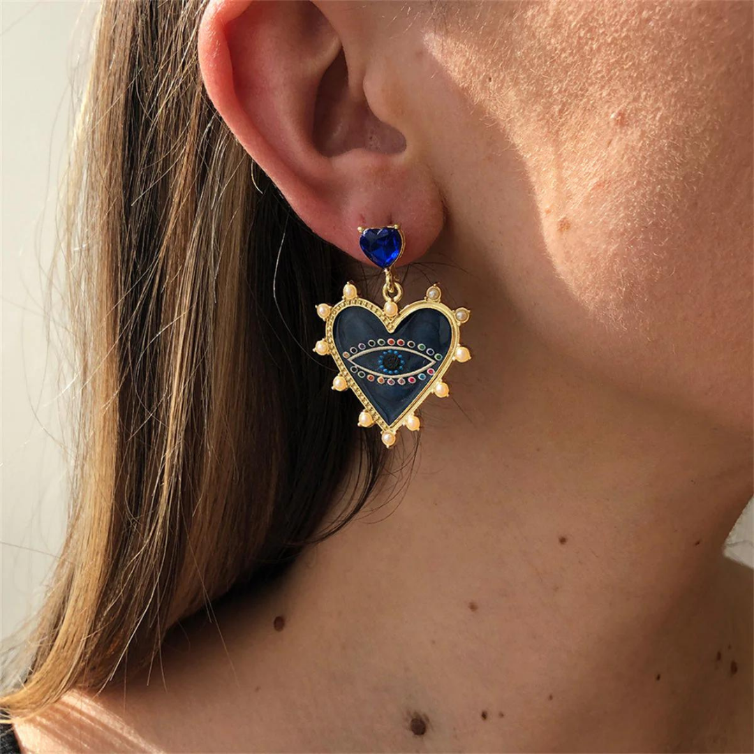Blue Crystal & Enamel Evil Eye Heart Drop Earrings