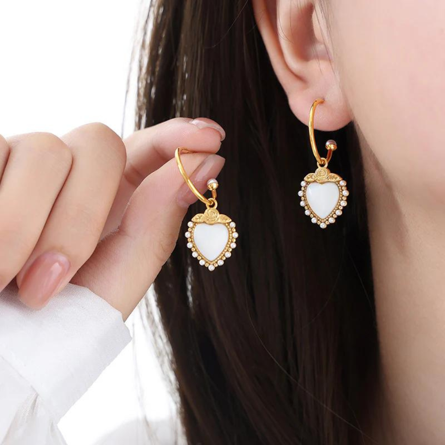Rose and Pearls Adorned Heart Hoops