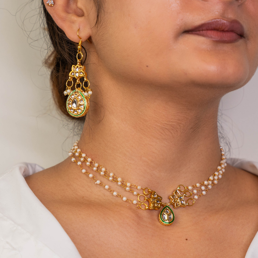 Mehar Lotus Pachi Kundan Earrings & Choker Necklace Set