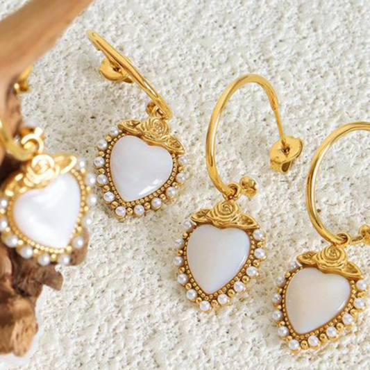 Rose and Pearls Adorned Heart Hoops