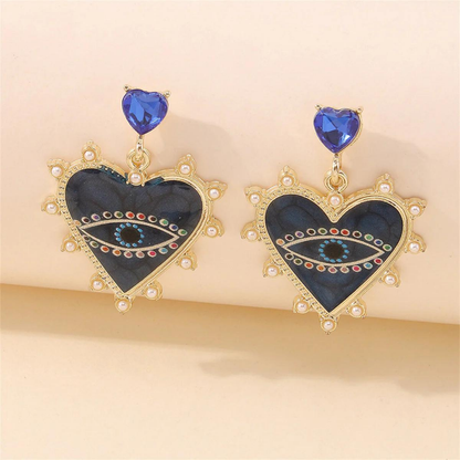 Blue Crystal & Enamel Evil Eye Heart Drop Earrings