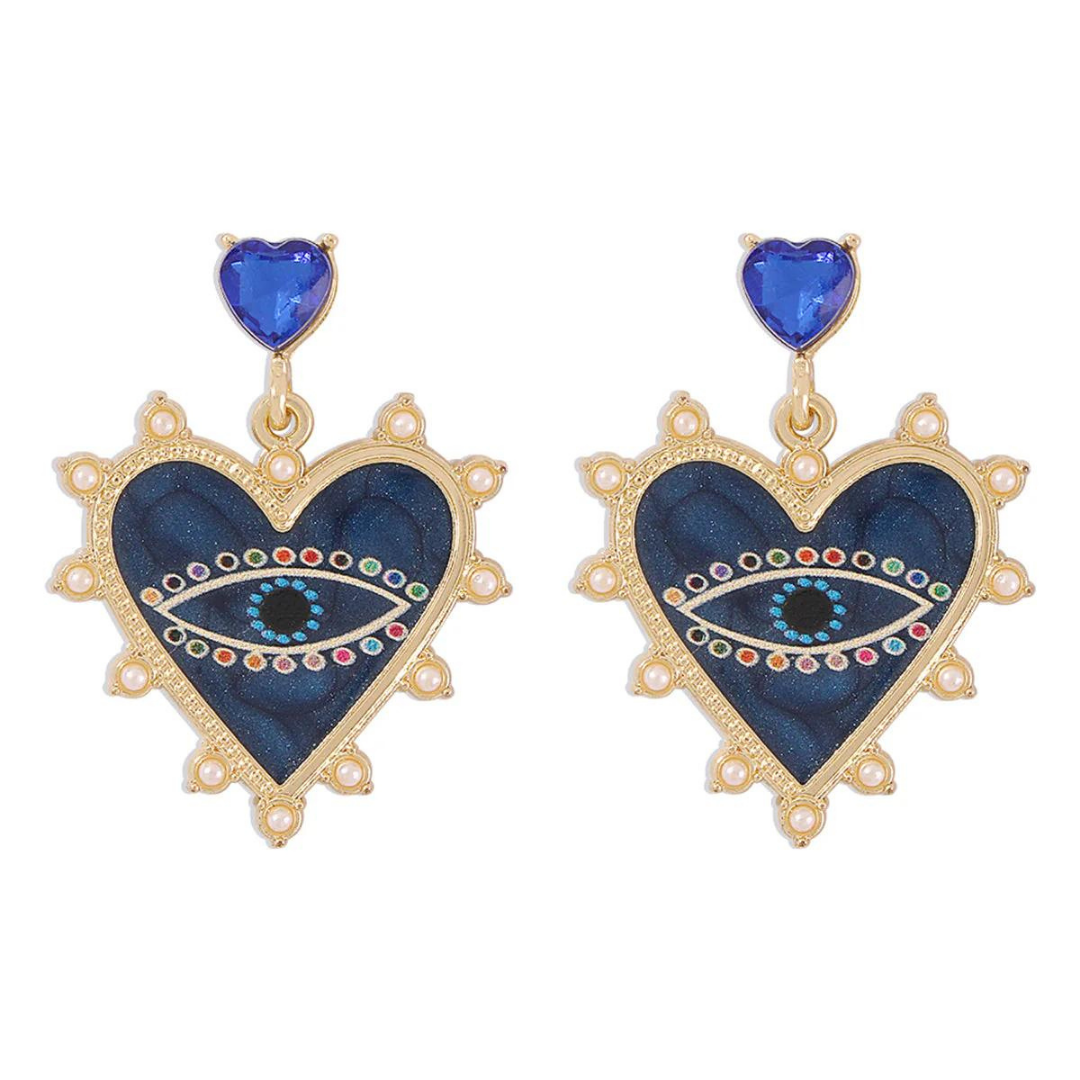 Blue Crystal & Enamel Evil Eye Heart Drop Earrings