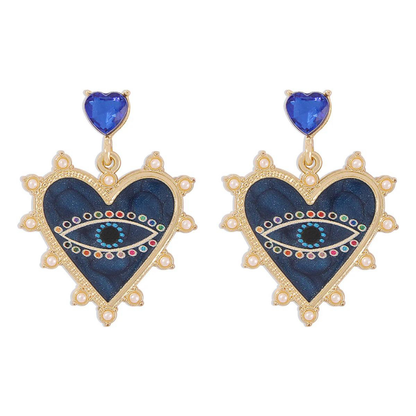 Blue Crystal & Enamel Evil Eye Heart Drop Earrings