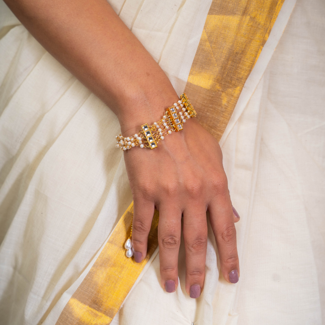Farida Pachi Kundan White and Golden Adjustable String Bracelet