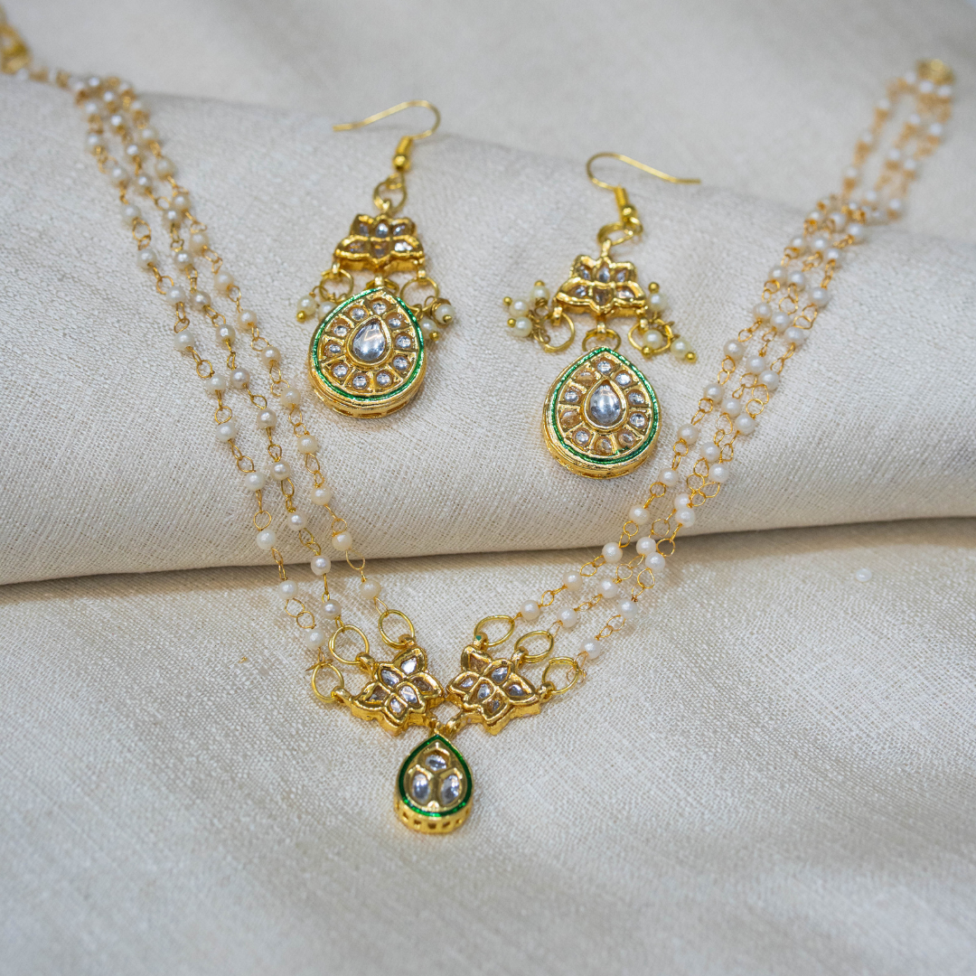 Mehar Lotus Pachi Kundan Earrings & Choker Necklace Set