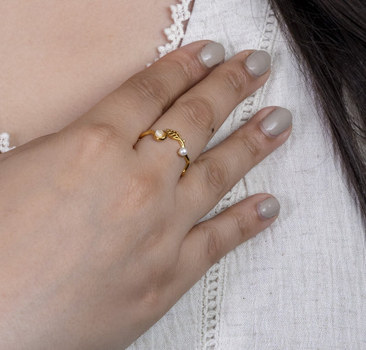 Whispering Leaf and Pearl Adjustable Ring